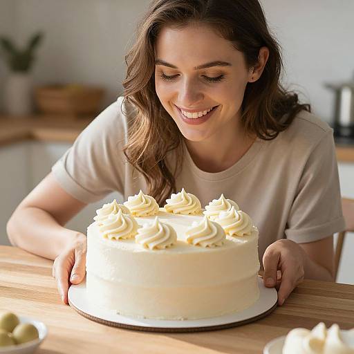 Smiling woman with wavy brown hair in white t-shirt, holding a cream-frosted cake on a wooden table in bright kitchen.