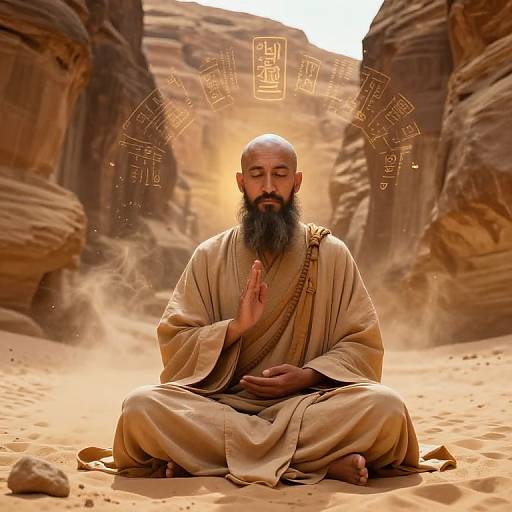 Photograph of a bearded, bald Indian sage in beige robes, sitting cross-legged in a desert canyon, hands in prayer, with mystical symbols glowing