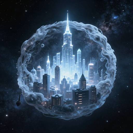 Digital art of a glowing blue skyscraper city enclosed in a swirling, ethereal cloud against a starry night sky.