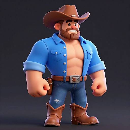 Cartoon-style CGI image of a muscular, bearded cowboy with a brown hat, blue shirt, ripped jeans, brown boots, and a belt.