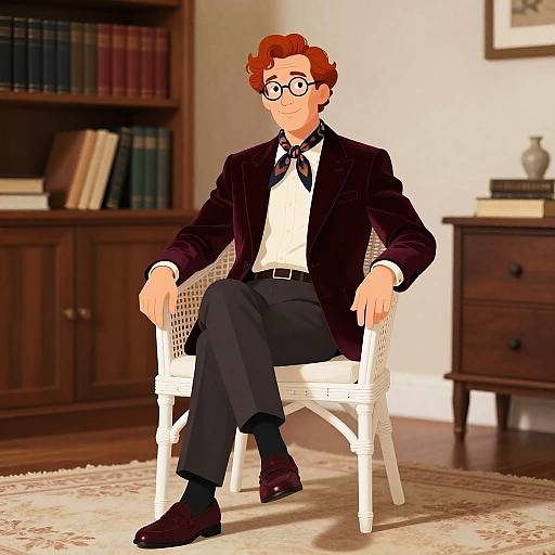 Elegant Middle-Aged Man in Velvet Blazer Sitting in Study