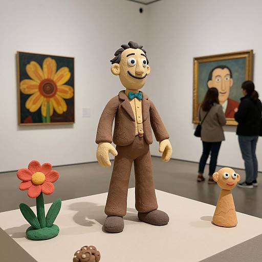 Photograph of a whimsical, clay sculpture of a smiling man in a brown suit, blue bowtie, and a small, orange flower beside him