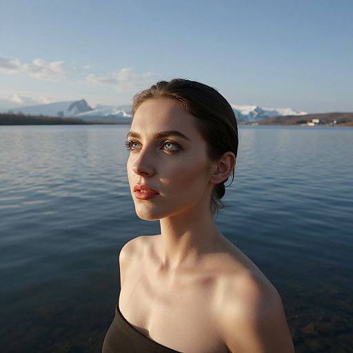 Photograph of a fair-skinned woman with wet, dark brown hair, blue eyes, and red lips, standing in a calm lake against a snowy