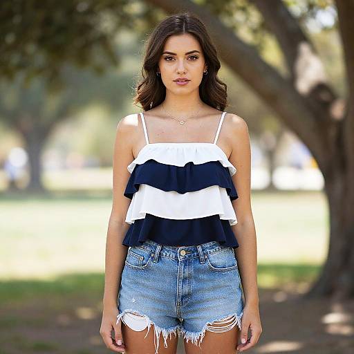 Photograph of a young woman with wavy brown hair, wearing a white and black ruffle top, and frayed denim shorts, standing in a