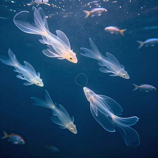 Photograph of translucent, glowing white fish with delicate fins swimming in a deep blue underwater scene, surrounded by faintly visible smaller fish.