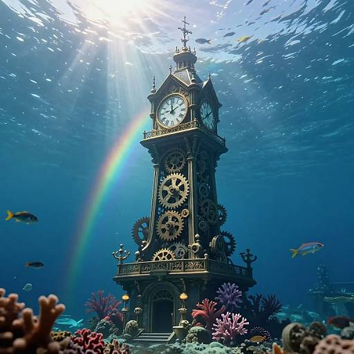 Photograph of a steampunk-style clock tower with gears underwater, surrounded by colorful coral, fish, and a rainbow, illuminated by sunlight rays.