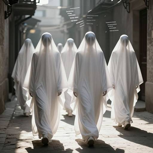 Photograph of seven ghostly white figures with flowing robes and hooded faces, walking in single file down a sunlit, narrow alleyway, with