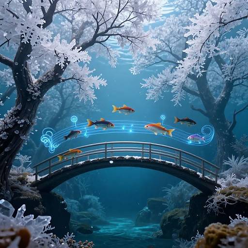 Digital artwork: underwater scene with glowing blue bridge, white frost-covered trees, and colorful fish swimming above musical notes in a serene, blue-toned aquatic