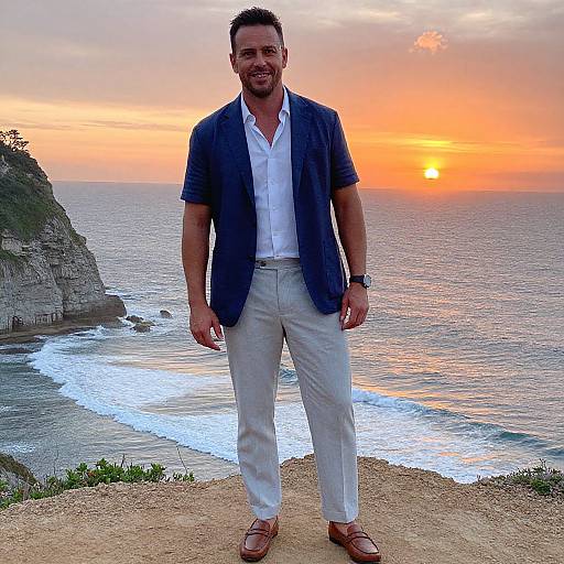 Photograph of a smiling man with short dark hair, wearing a navy blazer, white shirt, light pants, brown shoes, standing on a cliff