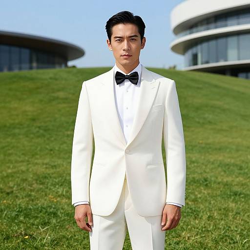 Photograph of an Asian man in a white tuxedo with black bow tie, standing on a grassy hill, modern circular buildings in the background