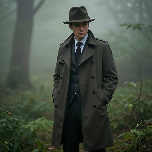 Photograph of a serious-looking man in a dark trench coat, fedora, and suit, standing in a misty forest with green foliage.