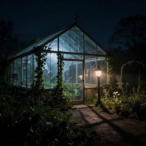 Photograph of a dark, illuminated glass greenhouse at night, with vines and plants in the foreground, a glowing lamppost, and blue-tint