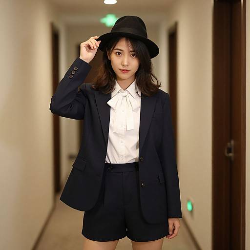 Photograph of an Asian woman with long black hair, wearing a black hat, blazer, white shirt, and black shorts, standing in a dim