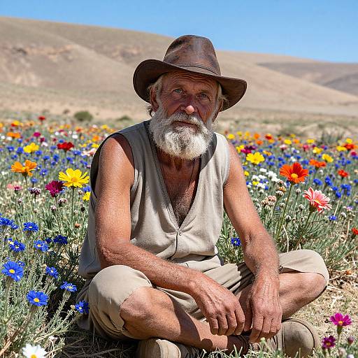 Photograph of an elderly white man with a gray beard, wearing a brown hat and beige sleeveless shirt, sitting in a vibrant flower field with mountains