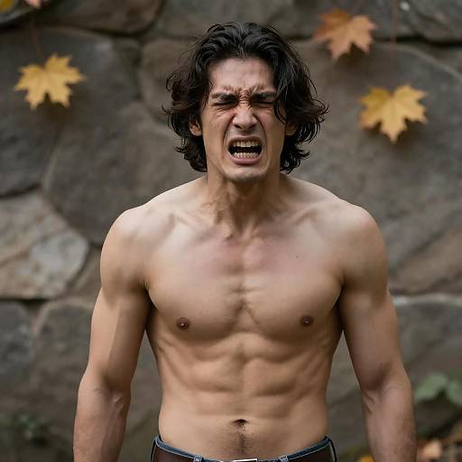 Muscular Man in Pain Against Stone Wall