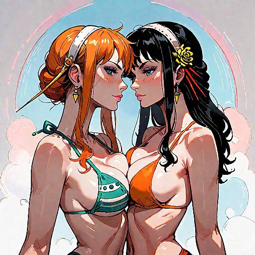 Two Anime Girls in Bikinis Facing Each Other