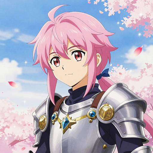Anime-style digital illustration of a pink-haired character with red eyes, wearing silver armor with blue gem accents, set against a bright blue sky with cherry blossom