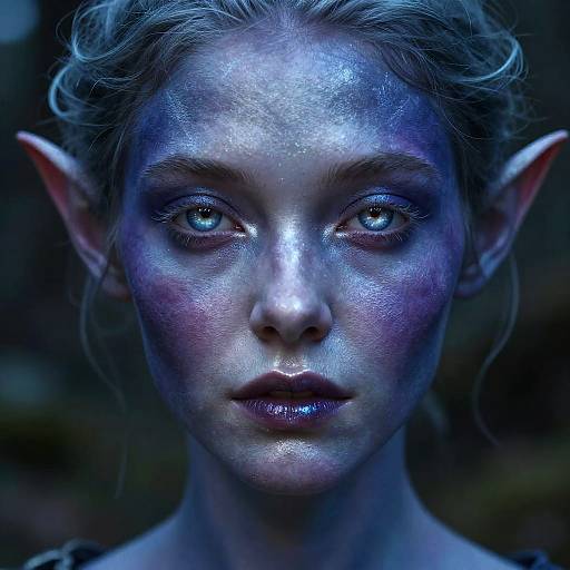Close-up photograph of a blue-tinted, ethereal elf woman with glowing, intense blue eyes, pointed ears, and shimmering skin, set