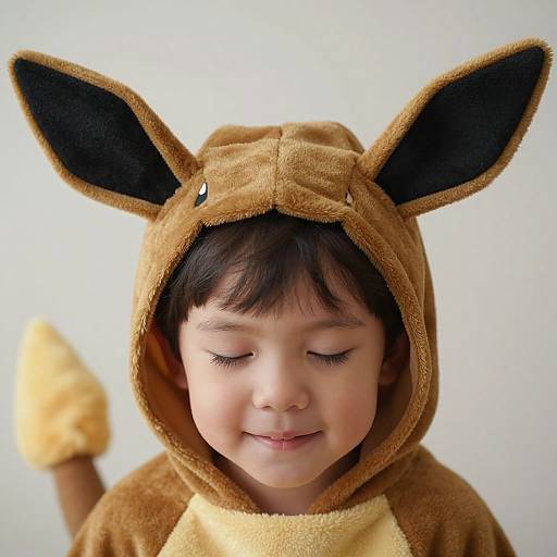 Photograph of a cute toddler with closed eyes, wearing a brown Eevee-themed hooded costume with large black ears and a yellow chest, smiling