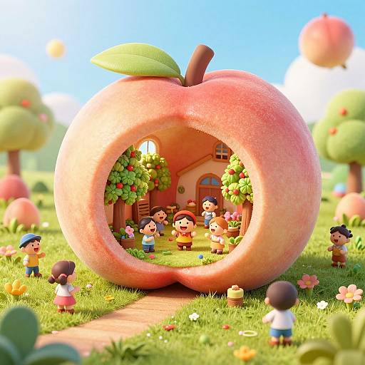 CGI illustration of a whimsical peach house with tiny, cartoon children playing outside in a vibrant, sunny orchard.