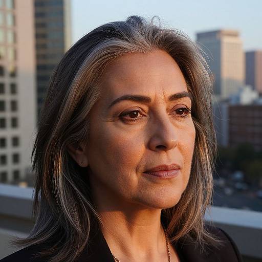 Photograph of a middle-aged woman with gray hair, brown eyes, and light brown skin, wearing a black top, against a cityscape background.
