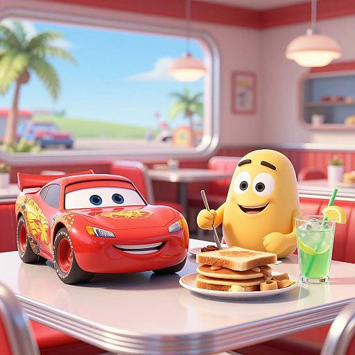 Digital image of animated yellow smiley face and red Lightning McQueen car enjoying pancakes and green drink in sunny diner.