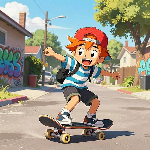Colorful digital illustration of a red-haired boy in a blue-striped shirt, black shorts, red cap, and backpack, skateboarding on a sunny suburban