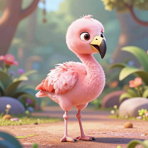 CGI image of a cute, fluffy pink flamingo with large eyes and a black beak standing in a sunny, colorful forest path.