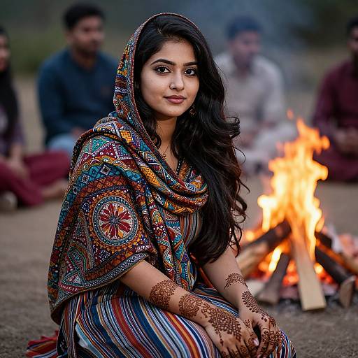 Photograph of a young Indian woman with long black hair, wearing a colorful, patterned shawl and striped dress, adorned with henna, sitting