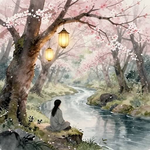 Digital anime-style illustration of a girl with long black hair sitting by a serene cherry blossom-lined stream, illuminated by hanging lanterns.