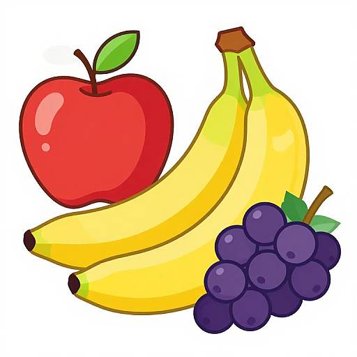 Cartoon illustration of a red apple, yellow bananas, and purple grapes with green leaves, set against a white background.