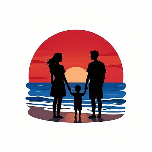 Silhouette of family holding hands at sunset, with red sun, orange center, blue ocean, and white reflection. Digital art style.