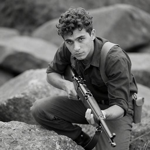 Crouching Rifleman in Black-and-White Portrait