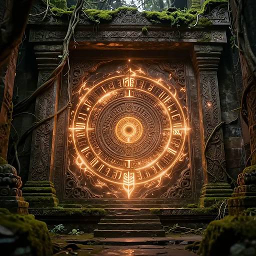 Photograph of a glowing, circular, ancient stone clock with fire-like orange light, set in a moss-covered, ruined temple entrance.