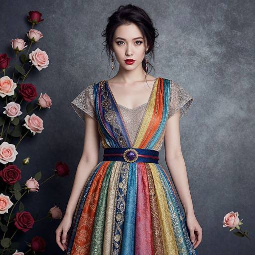 Photograph of an Asian woman with pale skin, dark hair in an updo, wearing a colorful, glittery, V-neck dress with rainbow stripes