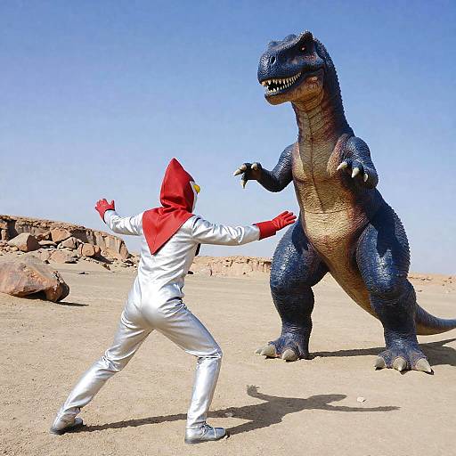 Humanoid Confronts Dinosaur in Action Scene