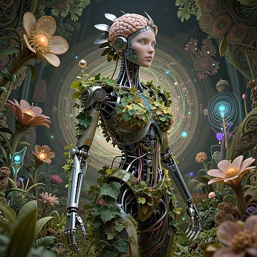 Digital artwork of a futuristic, humanoid robot adorned with greenery, standing amidst glowing flowers and swirling lights in a vibrant, surreal garden.
