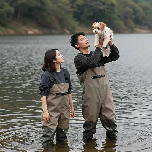 Couple in Waders with Dog at Lake