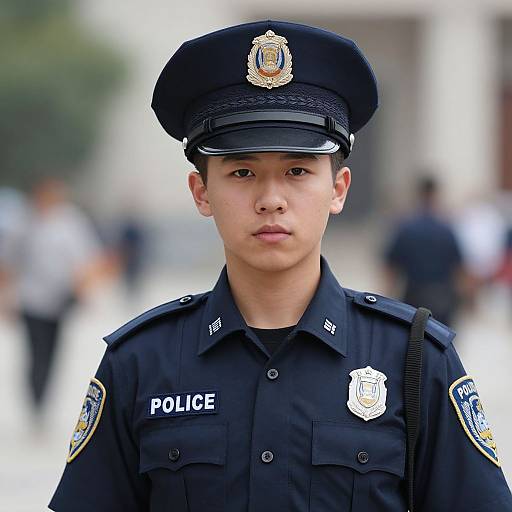 Photograph of a young male police officer with light skin, short black hair, wearing a dark blue uniform and hat, standing outdoors, with a blurred