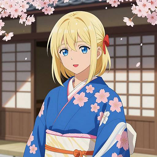 Anime-style digital illustration of a blonde girl with blue eyes, wearing a blue floral kimono, standing under cherry blossom branches in front of a traditional Japanese