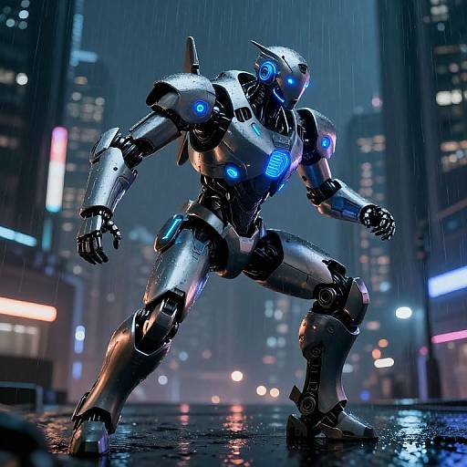 Photorealistic CGI of a glowing blue-lit cybernetic robot standing in a rainy, neon-lit city street at night.