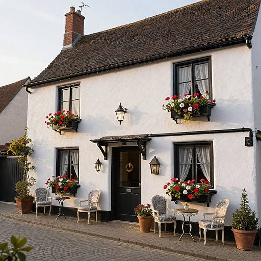 Photograph of a charming white cottage with black window frames, flower boxes, wicker chairs, and potted plants on a cobblestone street.