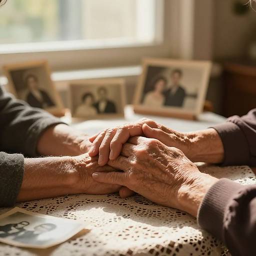 Photograph of elderly hands clasped on a lace tablecloth, sunlight filtering through a window, with blurred family photos in the background.