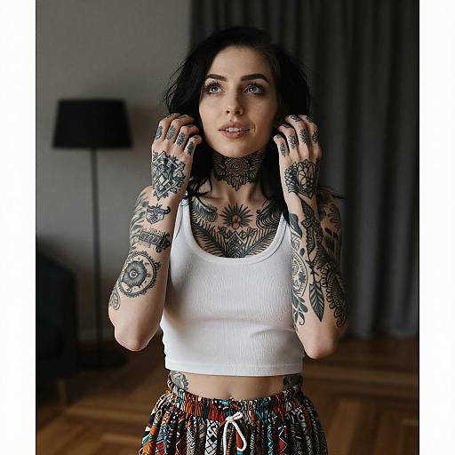 Tattooed Woman Rising Hands Portrait