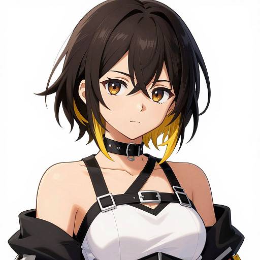 Digital anime-style portrait of a young woman with black and yellow hair, brown eyes, wearing a black choker, white harness top, and black jacket