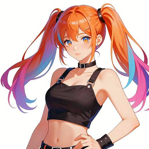 Digital anime-style drawing of a red-haired girl with blue and pink gradient pigtails, wearing a black crop top and choker, with blue eyes