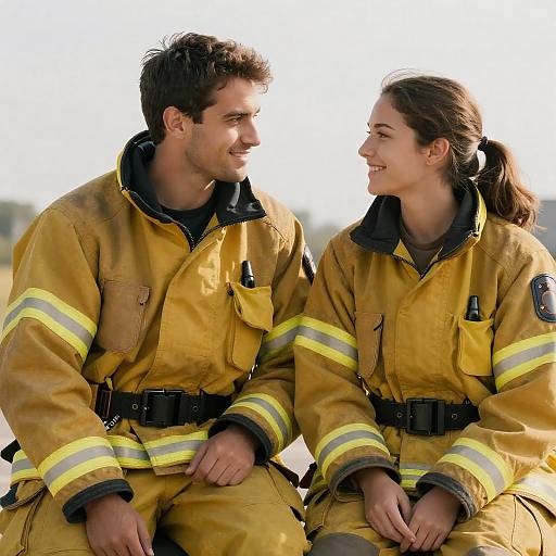 Smiling Firefighter Couple in Yellow Coats