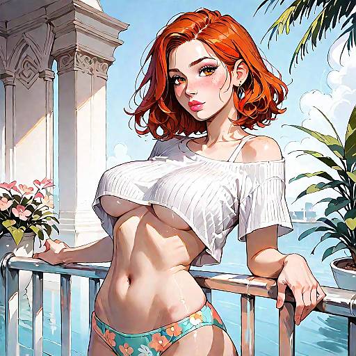 Redhead Woman in Crop Top and Floral Bikini