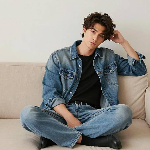 Young man in denim sitting on beige sofa