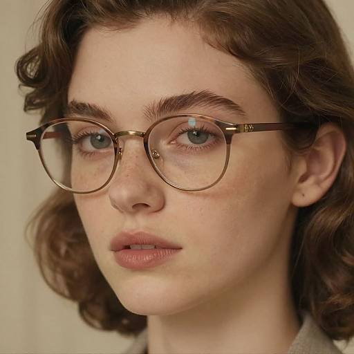 Close-up photograph of a fair-skinned woman with wavy brown hair, wearing large, round, gold-rimmed glasses, and a neutral expression